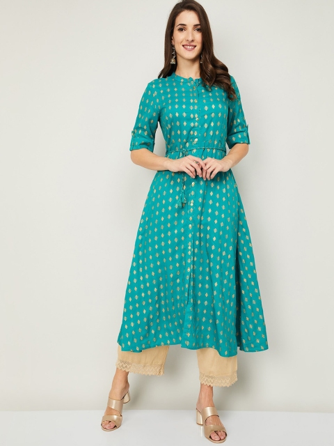 

Melange by Lifestyle Women Teal Geometric Checked Keyhole Neck Anarkali Kurta