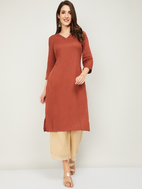 

Melange by Lifestyle Women Rust Yoke Design Thread Work Kurta