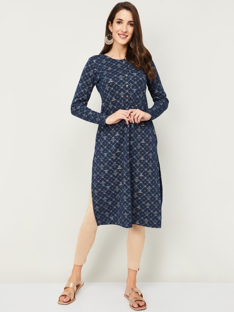 

Melange by Lifestyle Women Blue Ethnic Motifs Printed Cold-Shoulder Sleeves Kurta