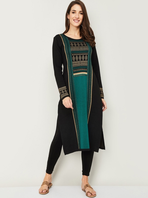 

Melange by Lifestyle Women Black & Green Ethnic Motifs Acrylic Winter Kurta