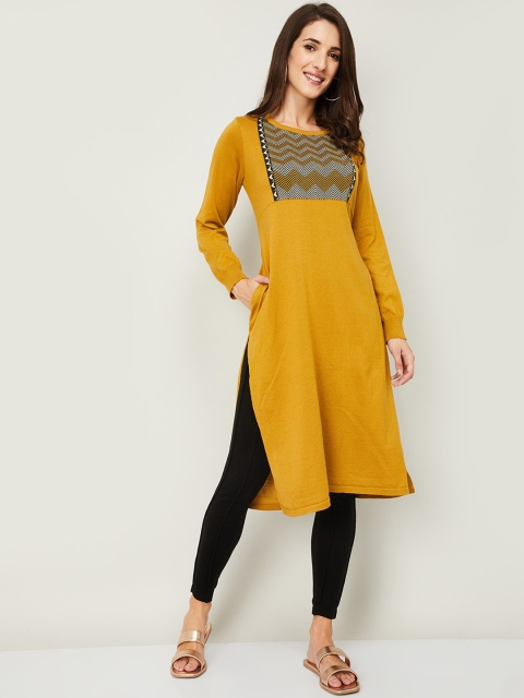 

Melange by Lifestyle Women Mustard Yellow Acrylic Leheriya Yoke Design Kurta