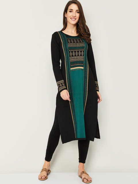 

Melange by Lifestyle Women Black & Green Ethnic Acrylic Motifs Kurta