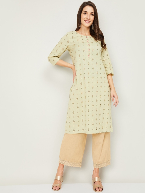 

Melange by Lifestyle Women Green Ethnic Motifs Printed Pure Cotton Kurta