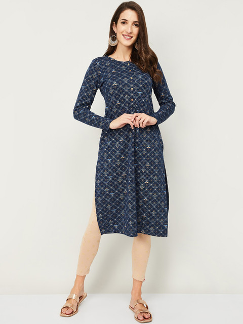 

Melange by Lifestyle Women Navy Blue & Golden Geometric Printed Kurta