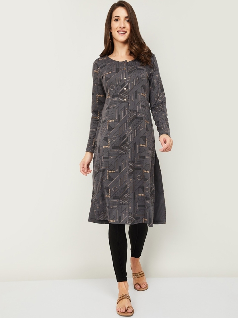 

Melange by Lifestyle Women Charcoal Grey Ethnic Motifs Printed Pure Cotton Kurta