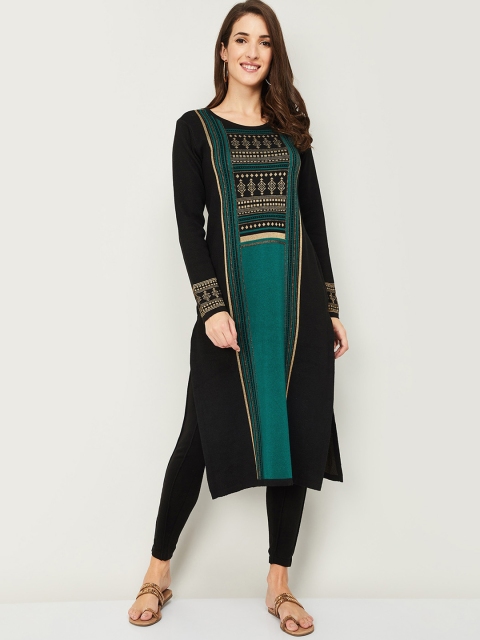

Melange by Lifestyle Women Black & Teal Green Ethnic Motifs Printed Acrylic Kurta