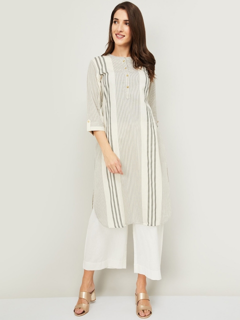 

Melange by Lifestyle Women Off White & Grey Striped Pure Cotton Kurta