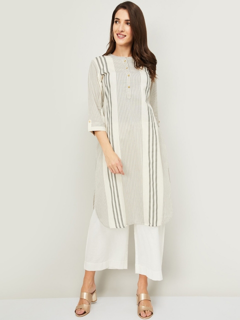 

Melange by Lifestyle Women Off White & Grey Striped Pure Cotton Kurta