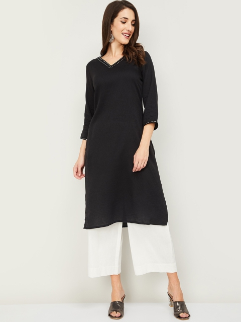 

Melange by Lifestyle Women Black Solid Mirror Work Pure Cotton Kurta