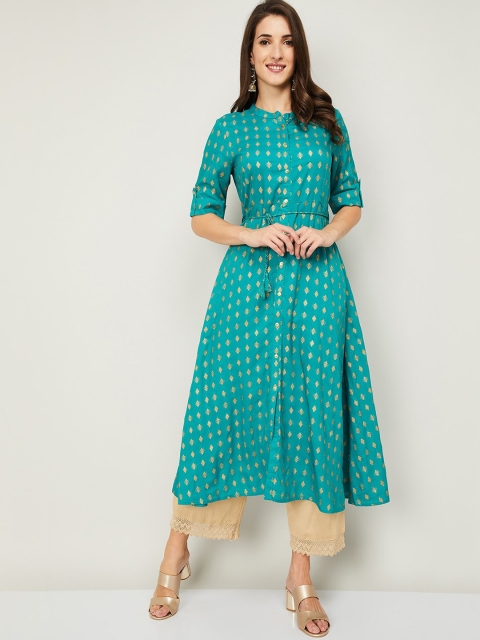 

Melange by Lifestyle Women Turquoise Blue & Golden Ethnic Motifs Printed Kurta