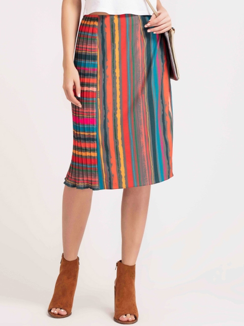 

SHAYE Women Red & Blue Striped Pencil Midi Skirt