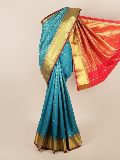 

Pothys Turquoise Blue & Orange Ethnic Motifs Zari Art Silk Saree
