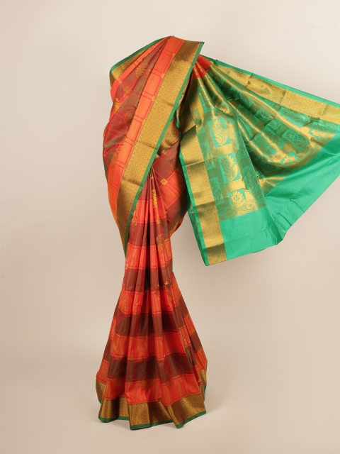 

Pothys Orange & Green Checked Art Silk Saree