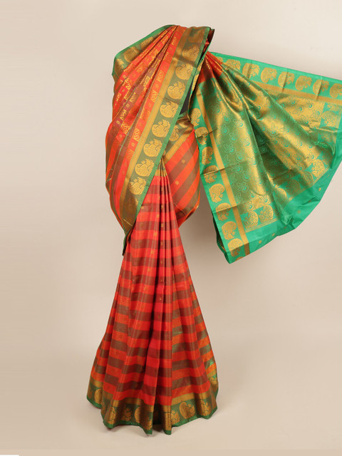 

Pothys Orange & Green Striped Zari Art Silk Saree