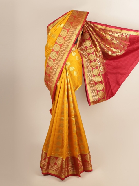 

Pothys Yellow & Maroon Ethnic Motifs Zari Art Silk Saree