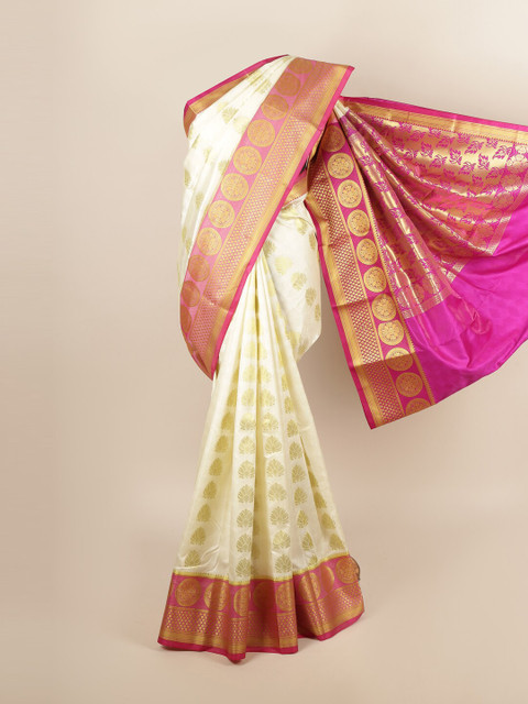 

Pothys Cream-Coloured & Fuchsia Ethnic Motifs Zari Art Silk Saree