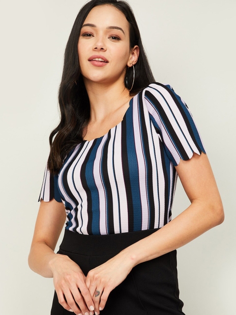 

CODE by Lifestyle White & Navy Blue Striped Regular Top