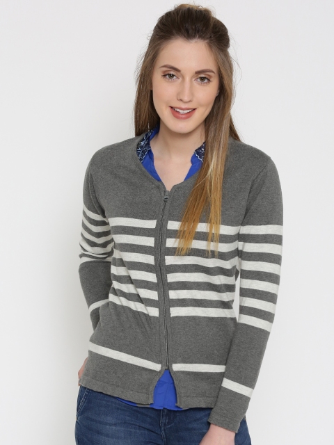 

People Women Grey Melange Striped Cardigan