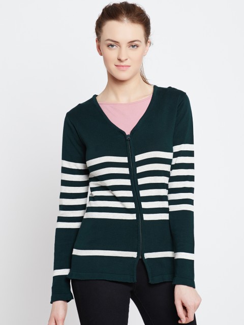 

People Women Green & Off-White Striped Cardigan