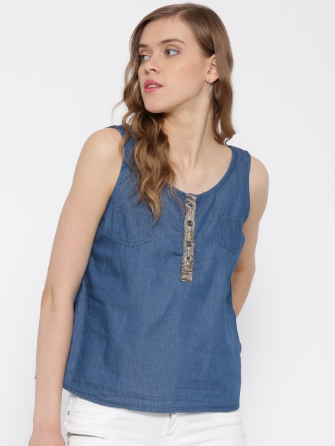 

People Women Blue Solid Overlapping Detail Chambray Top