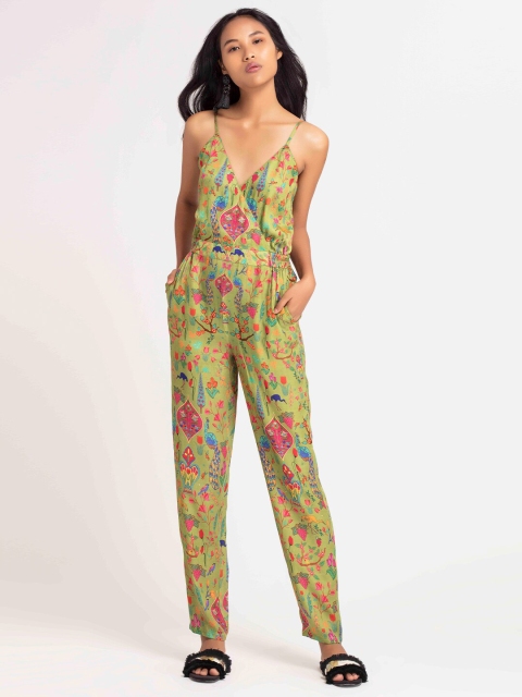 

SHAYE Green Modal Printed Modal Basic Jumpsuit