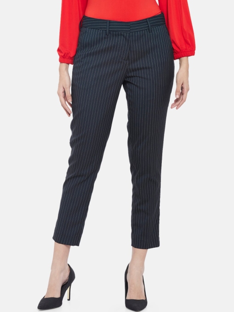 

Annabelle by Pantaloons Women Navy Blue & White Striped Slim Fit Trousers