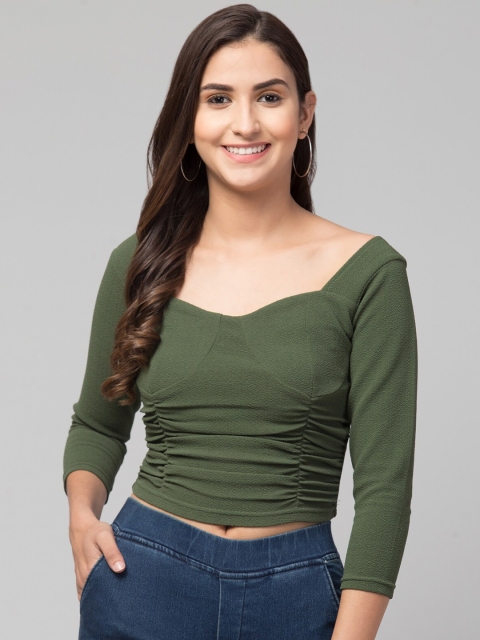 

Orchid Blues Olive Green Sweetheart Neck Net Fitted Crop Top