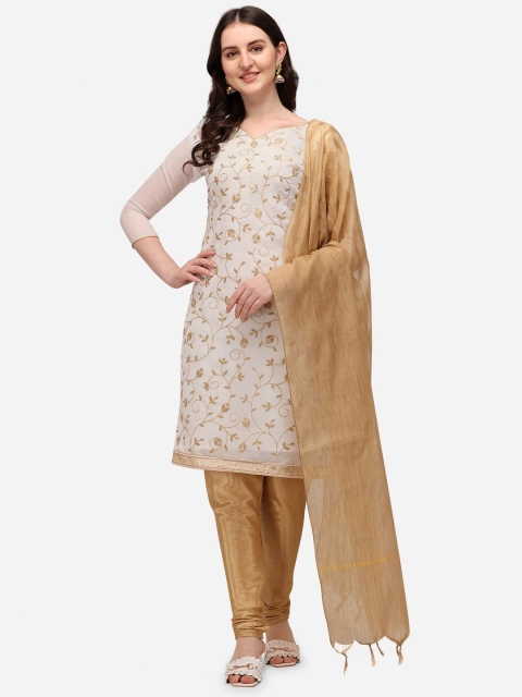 

Mitera White & Tan Embroidered Unstitched Dress Material