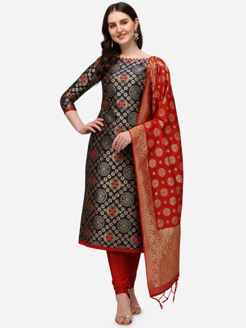 

Mitera Blue & Gold-Toned Printed Dupion Silk Banarasi Jacquard Unstitched Dress Material