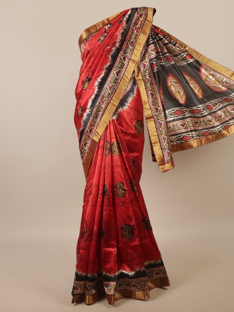 

Pothys Red & Black Batik Printed Zari Saree