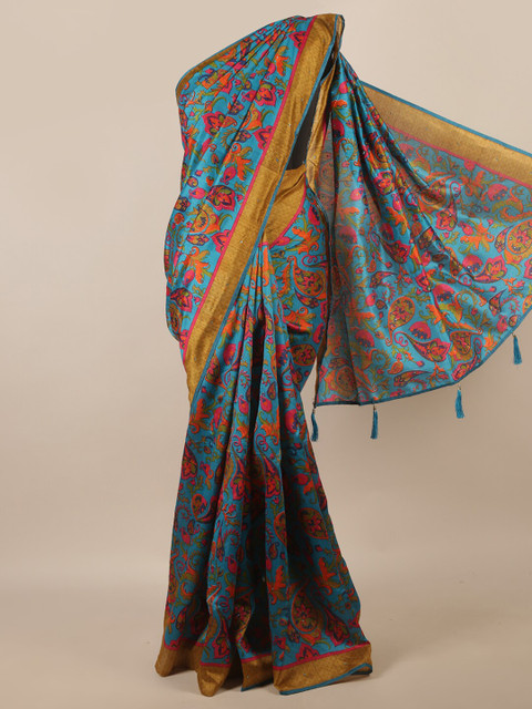 

Pothys Blue & Orange Ethnic Motifs Printed Beads and Stones Saree