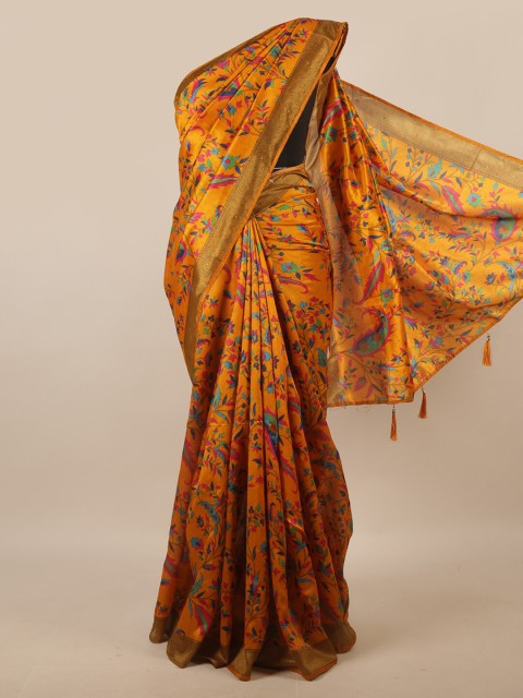 

Pothys Mustard & Green Floral Printed Beads and Stones Saree