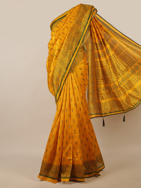 

Pothys Mustard Yellow & Green Ethnic Motifs Printed Saree