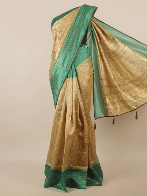 

Pothys Cream-Coloured & Sea Green Floral Printed Saree
