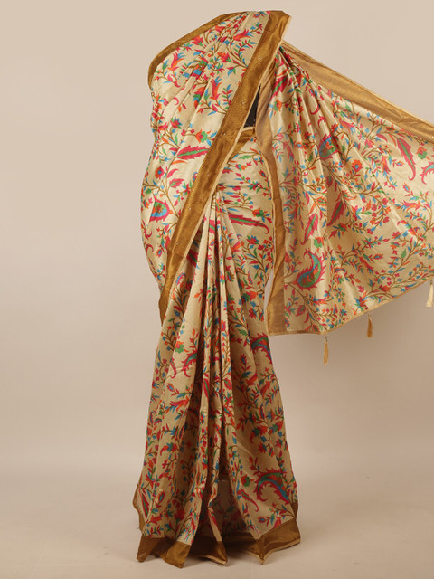 

Pothys Cream-Coloured & Pink Kalamkari Printed Saree