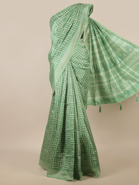 

Pothys Green & Off White Geometric Printed Beads and Stones Saree
