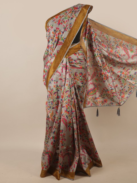 

Pothys Grey & Pink Floral Printed Zari Saree