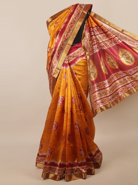 

Pothys Mustard Yellow & Red Ethnic Motifs Printed Zari Saree