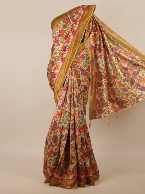 

Pothys Cream-Coloured & Pink Kalamkari Saree