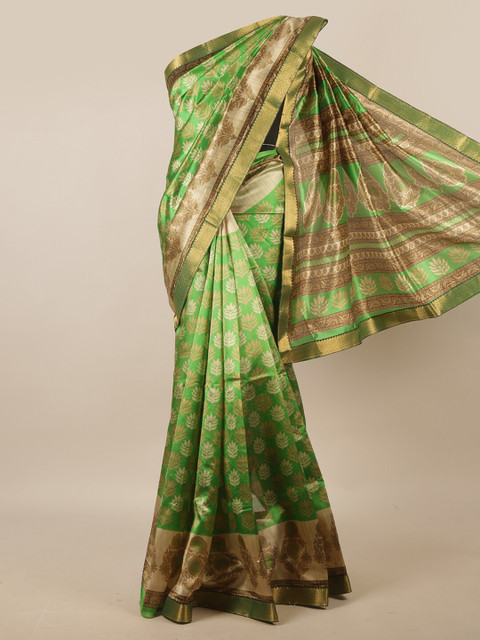 

Pothys Green & Cream-Coloured Ethnic Motifs Printed Zari Saree