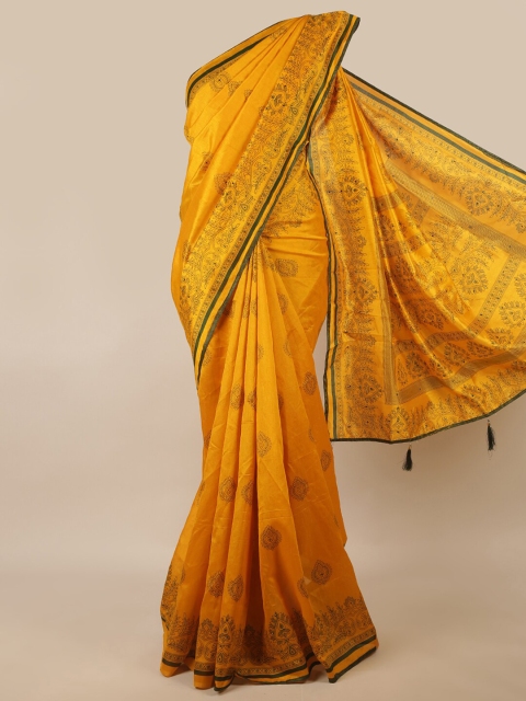 

Pothys Mustard & Green Ethnic Motifs Beads & Stones Saree