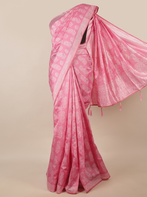 

Pothys Pink & Off White Paisley Printed Beads and Stones Saree