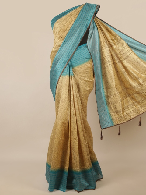 

Pothys Cream-Coloured & Turquoise Blue Floral Printed Saree