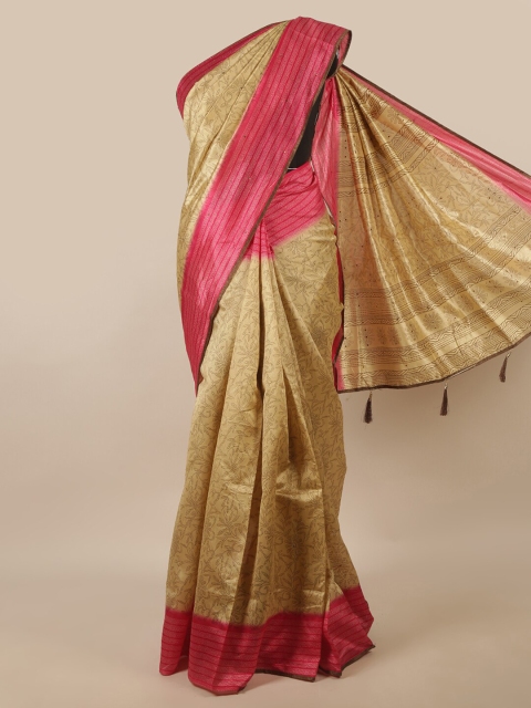 

Pothys Cream-Coloured & Pink Floral Printed Saree