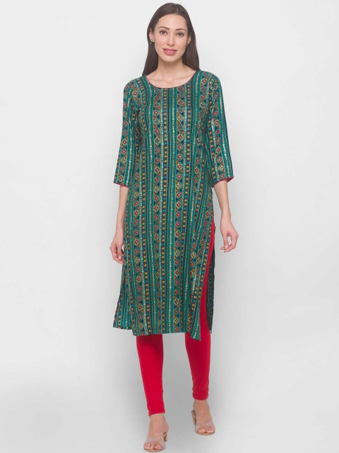 

ZOLA Women Blue Geometric Striped Keyhole Neck Flared Sleeves Kurta
