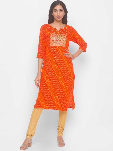 

ZOLA Women Orange Bandhani Yoke Design Flared Sleeves Gotta Patti Anarkali Kurta