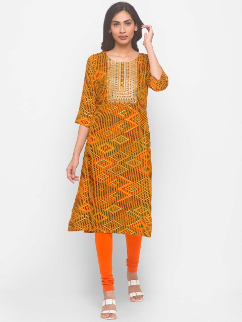 

ZOLA Women Mustard Yellow & Green Geometric Printed Thread Work Kurta