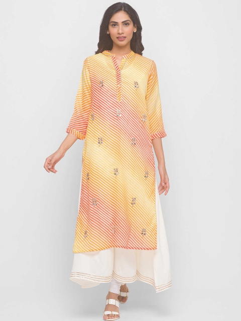 

ZOLA Women Yellow Geometric Printed Gotta Patti Kaftan Kurta