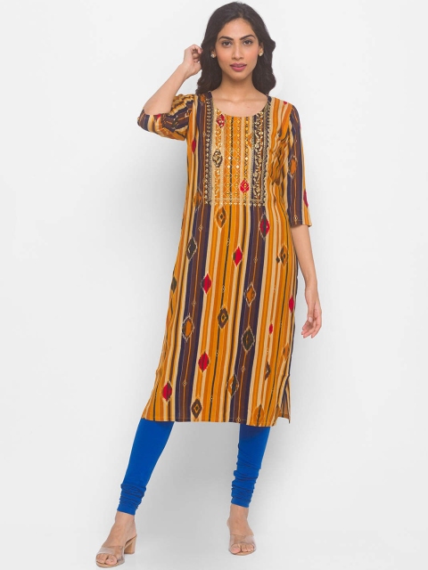 

ZOLA Women Mustard Yellow Leheriya Striped Flared Sleeves Mirror Work Kaftan Kurta