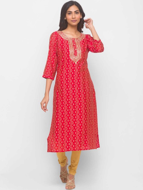 

ZOLA Women Red Geometric Flared Sleeves Mirror Work Anarkali Kurta